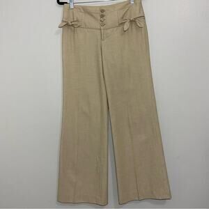 Elevenses Tan High Waist Wide Leg Pants Button Front Tie Details